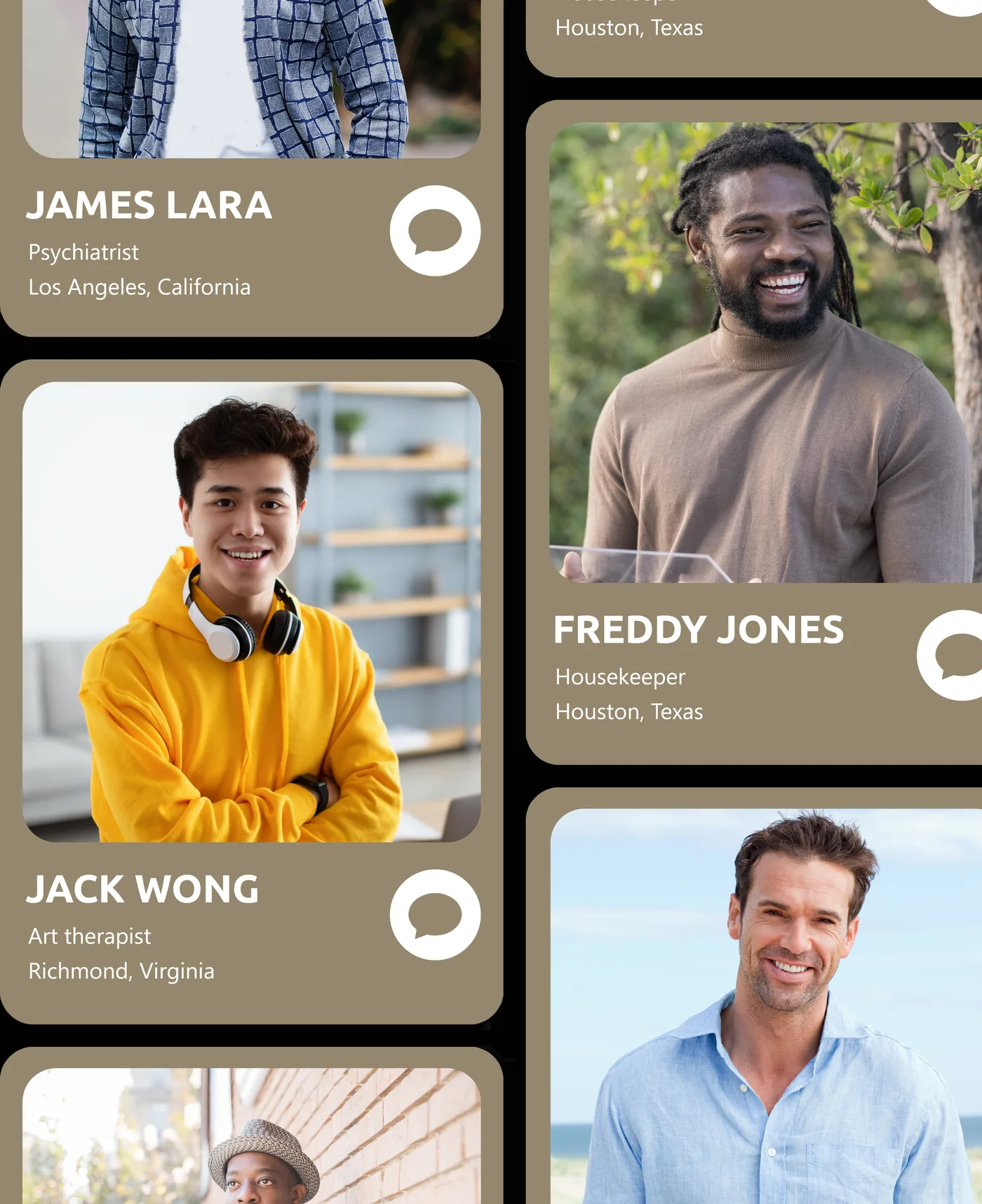 Profile cards of DaddyDay counselors — a psychiatrist, an art therapist and more