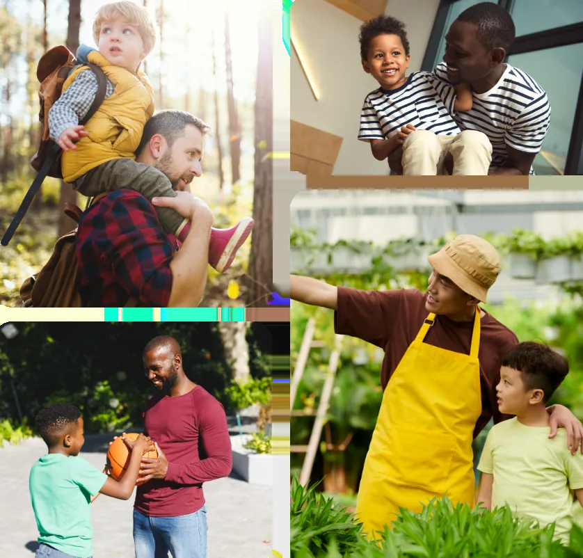 Four photos of dads playing and working with their kids